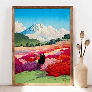 Chat noir Mont Fuji vu d'une affiche de jardin d'azalées, affiche de paysage, impression d'art de montagne Fuji, art japonais, impression de fleurs, idée cadeau PS0308