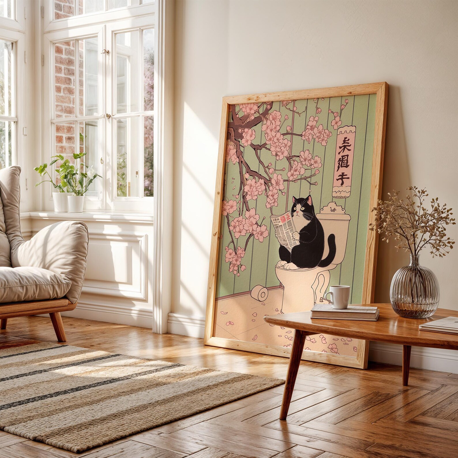 Tuxedo Cat on a Toilet Japanese Print, Funny Bathroom Print, Toilet ...