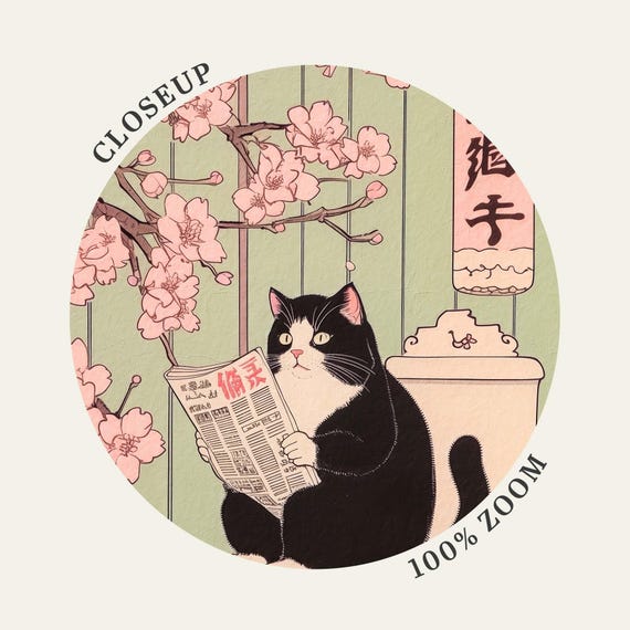 Tuxedo Cat on a Toilet Japanese Print, Funny Bathroom Print