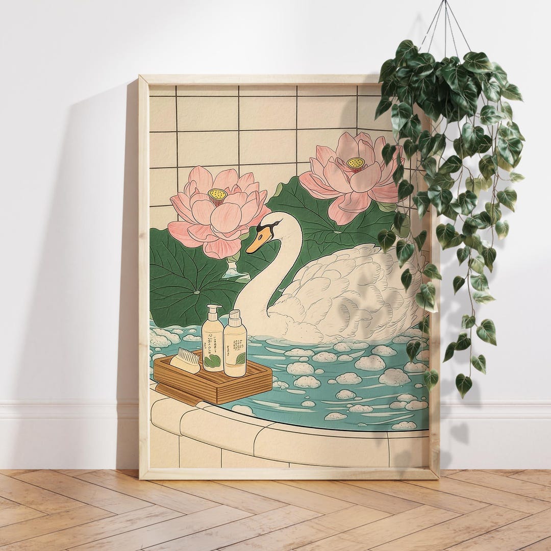 White Swan in Bathtub Japanese Bathroom Decor, Japan Bird Art Print ...