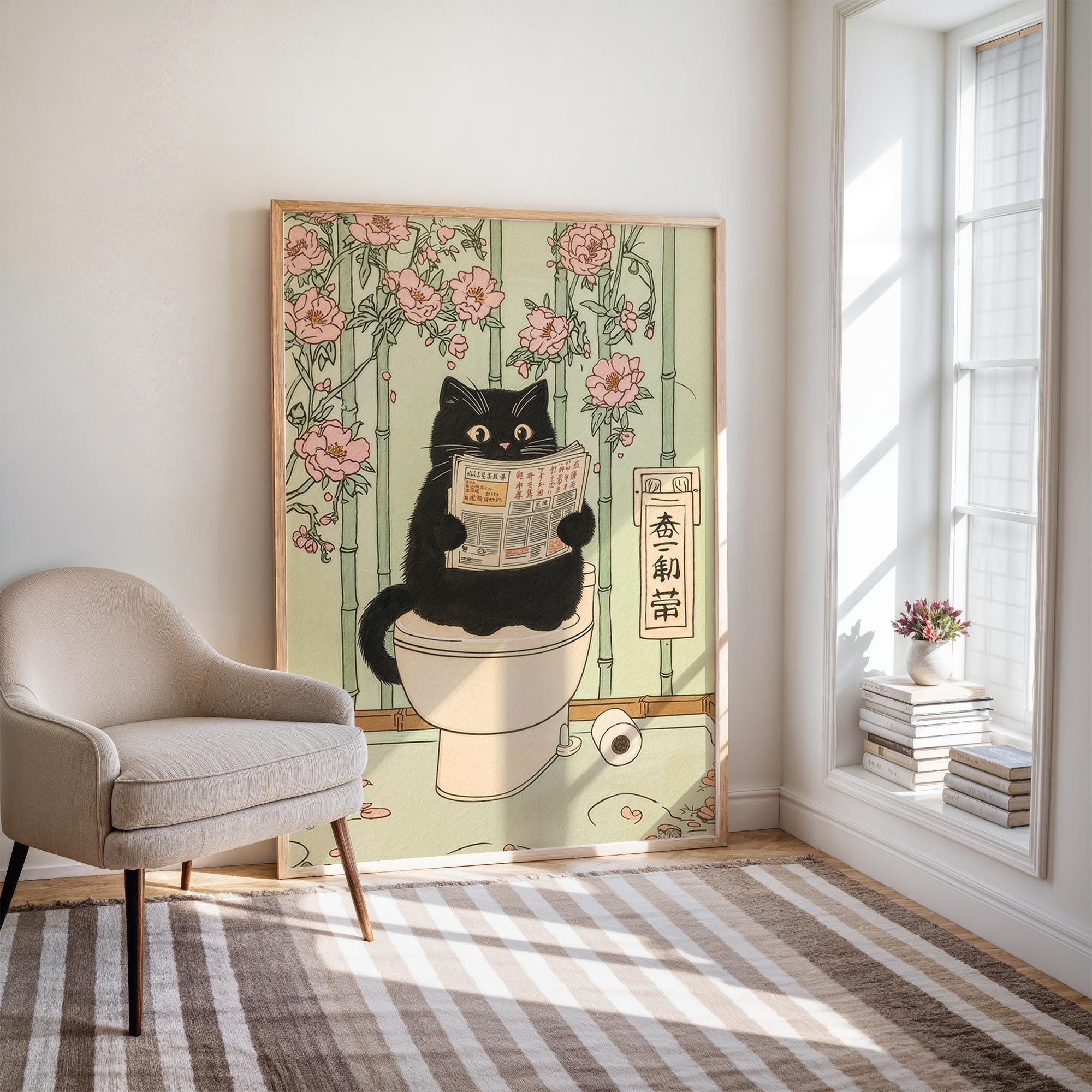 Cat on Toilet Japanese Poster Gift, Black Cat Toilet Art Print, Funny ...