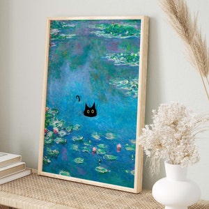 Monet Waterlily Cat Print, Claude Monet Cat Poster, Black Cat Art, Floral Print, Funny Cat print, Funny gift, Home decor Poster PS0016 image 5