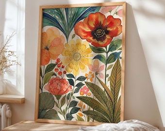 Botanical Floral Wall Art Print, Colorful Flower Poster, Vintage Garden Decor, Maximalist Botanical Artwork