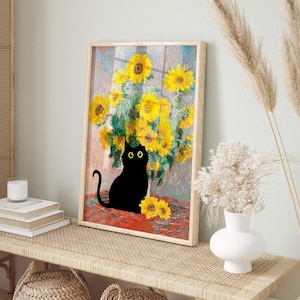 Impression de chat tournesols de Claude Monet, affiche de chat de Monet, art de chat noir, impression florale, impression de chat drôle, cadeau drôle, affiche de décoration intérieure PS0342 image 2