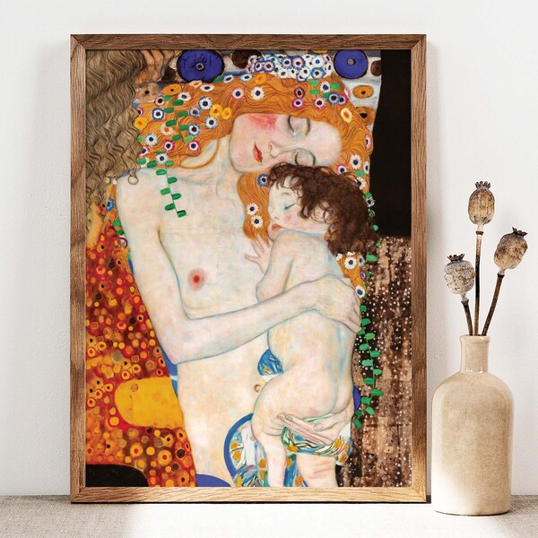 Impression d'art Gustav Klimt, mère et enfant, gravures de Klimt, reproduction de Klimt, idée cadeau de pendaison de crémaillère, reproduction d'art, décoration de chambre d'enfant GK004