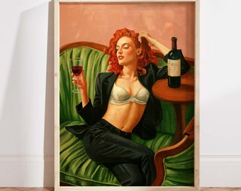 Kunstprint met wijnmotief - Olieverfschilderij van een roodharige vrouw in retro glamourstijl, boudoir wanddecoratie, cadeau voor wijnliefhebbers