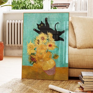 Impresión de gato negro, póster de girasoles de Van Gogh, impresión de flores, impresión divertida de gato, arte de pared botánico para el hogar, gato en pintura, regalo para amantes de los gatos PS0601