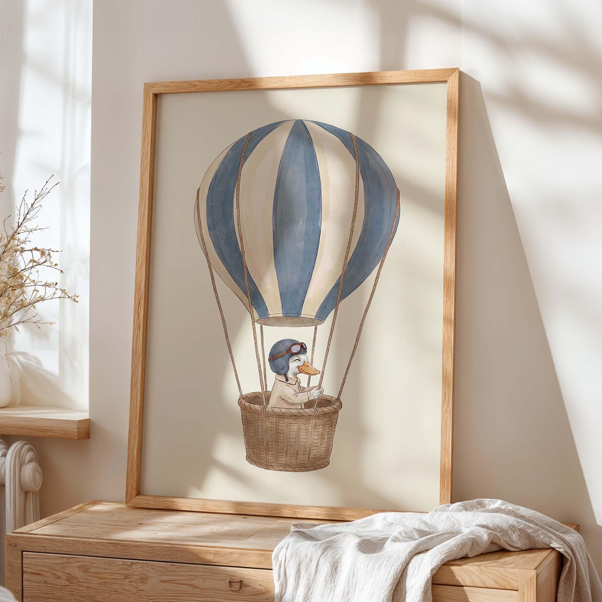 Hot Air Balloon Duck Nursery Wall Art Print, Cute Aviator Animal Kids ...