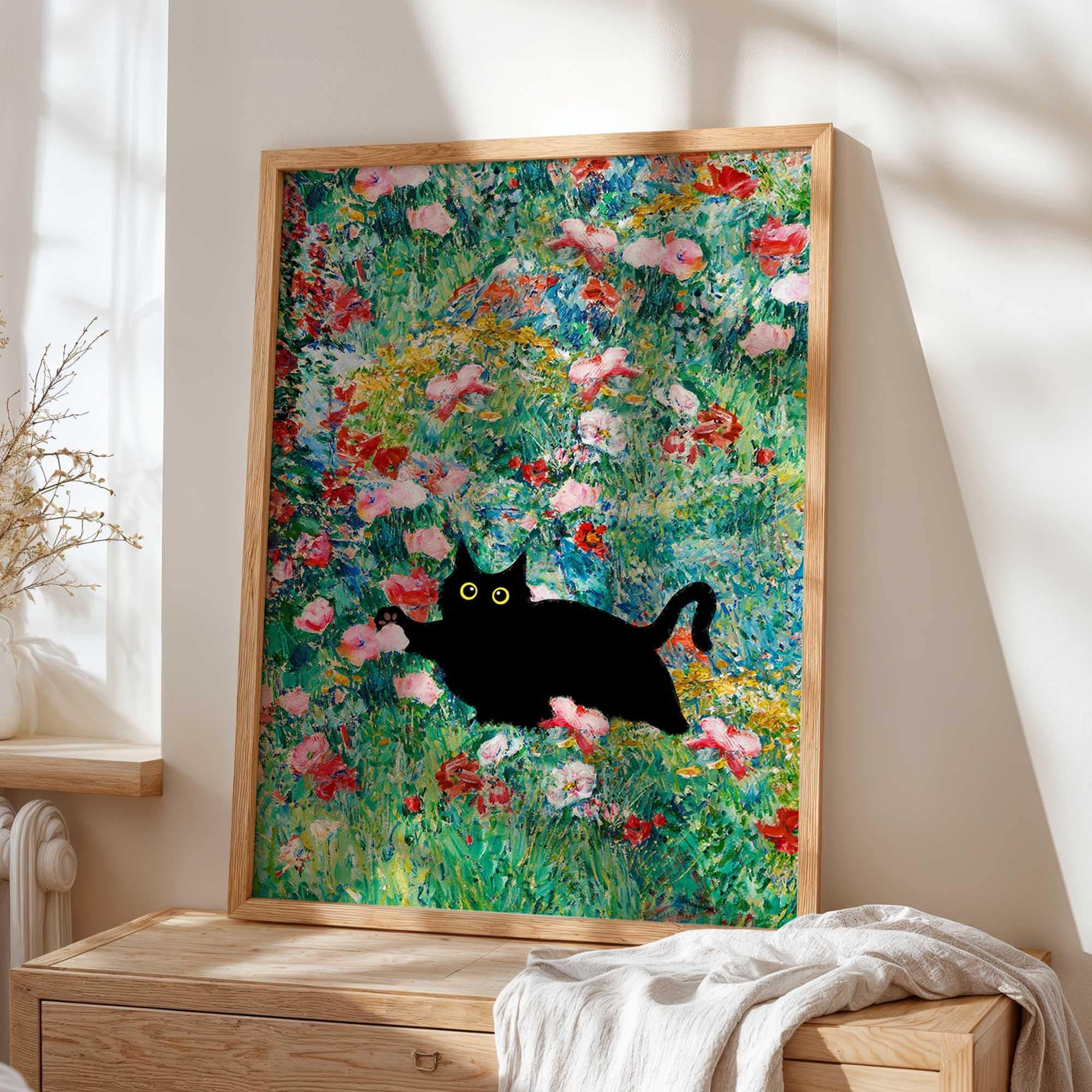 黒猫プリント、ポピー畑の猫ポスター、花プリント、面白い猫プリント
