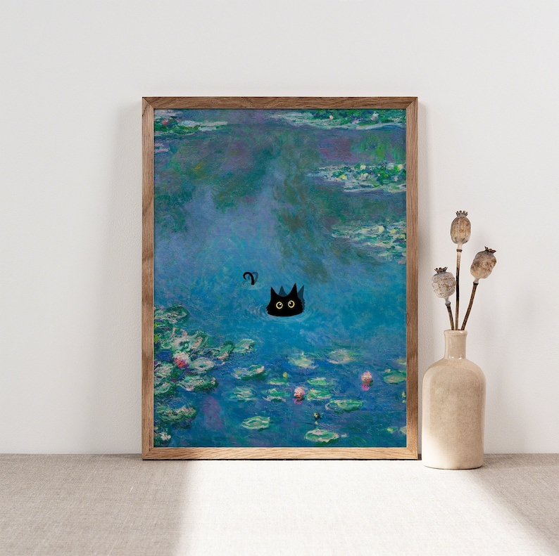 Monet Waterlily Cat Print, Claude Monet Cat Poster, Black Cat Art, Floral Print, Funny Cat print, Funny gift, Home decor Poster PS0016 
