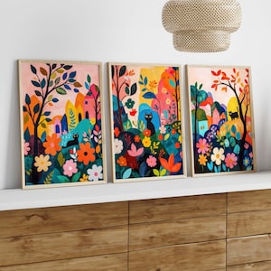 Set di 3 stampe di gatti da giardino di Matisse, poster da parete con gatto nero nel giardino del villaggio, arte da parete per la cameretta dei bambini per gli amanti dei gatti, idea regalo per l'arte dei gatti A18