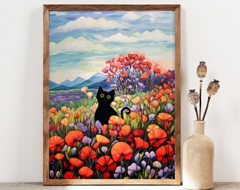 Black Cat Print, Poppy Flower Field Cat Poster, Cat Art, Floral Print, Funny Cat print gift, Fowers Poster, Black Kitten Gift Idea C006