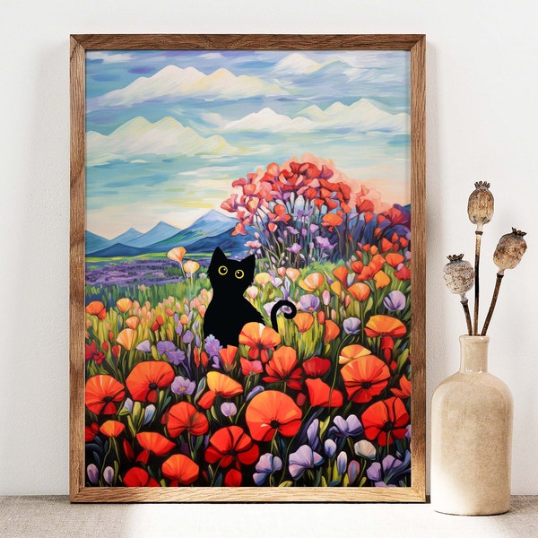 Impression de chat noir, affiche de chat des champs de fleurs de pavot, art de chat, impression florale, cadeau d'impression de chat drôle, affiche de fleurs, idée cadeau chaton noir C006