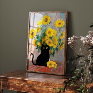 Impression de chat tournesols de Claude Monet, affiche de chat de Monet, art de chat noir, impression florale, impression de chat drôle, cadeau drôle, affiche de décoration intérieure PS0342 image 3