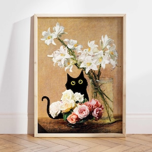 Pôster Gato Preto, Impressão de Gato com Rosas e Lírios de Henri Fantin, Gatos Pretos, Impressão Floral, Impressão de Gato Divertida, Presente Divertido, Pôster para Decoração de Casa PS0147