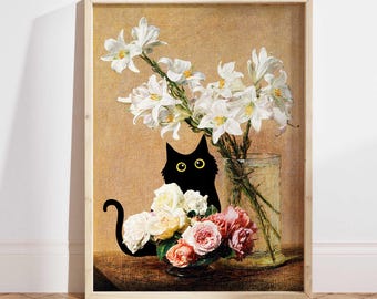 Black Cat Poster, Henri Fantin Roses and Lilies Cat Print, Black Cats, Floral Print, Funny Cat print, Funny gift, Home decor Poster PS0147