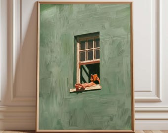 Woman Reading in Window Print, Sage Green Reading Nook Wall Art Print, Minimalist Book Lover Decor, Slow Living Gift