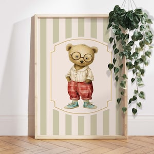 Vintage Bear Nursery Wall Art Print, Cute Teddy Bear with Glasses Illustration for Baby Room, Storybook Animal Decor for Kids VI010