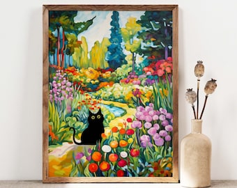 Black Cat Print, Garden Flower Field Cat Poster, Cat Art, Floral Print, Funny Cat print gift, Fowers Poster, Black Kitten Gift Idea PS0510