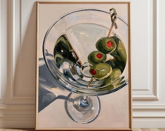 Dirty Martini Wall Art, Olive Cocktail Poster, Impasto Still Life Painting, Modern Bar Cart and Kitchen Decor