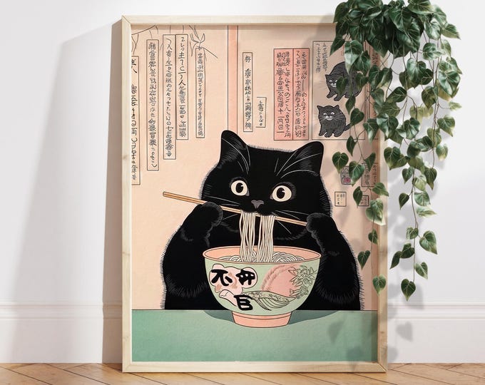 Black cat eating noodles, Ramen Japan art print, Japanese wall decor, Neutral minimalist poster, Aesthetic wall art, Unique Cat Lover Gift