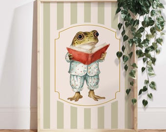 Vintage Frog Nursery Wall Art Print, Cute Reading Animal Illustration for Baby Room, Storybook Amphibian Decor for Kids Room VI002