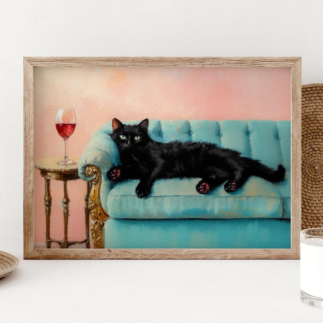 Black Cat With Red Wine Art Print, Cute Quirky Whimsical Wall Art, Pink ...