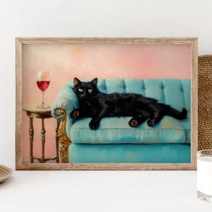 黒猫と赤ワインのアートプリント、キュートで風変わりなウォールアート、ピンクのアートバーカートの装飾、猫好きの方へのファインアートプリントギフト PS0660