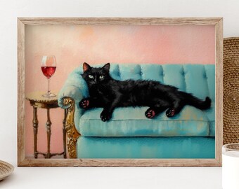 May include: A black cat with green eyes relaxes on a blue velvet sofa, with a glass of red wine on a side table. The background is a soft pink.