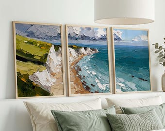 Coastal Wall Art Set of 3, Beach Cliff Seascape Prints, Ocean Landscape Gallery Wall, Blue Green Above Bed Decor
