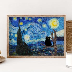 Vincent Van Gogh&#39;s The Starry Night Cat Print, Van Gogh Cat Poster, Black Cat Art, Funny Cat print, Funny gift, Home decor Poster PS0287