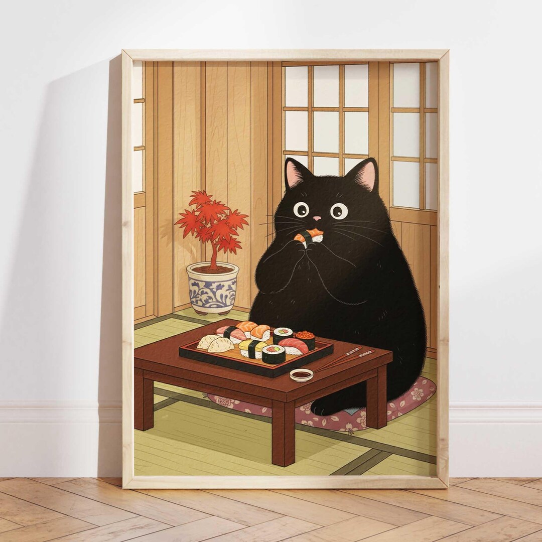 Japanese Sushi Cat Art Print, Black Cat Kawaii Poster, Cute Kitchen ...
