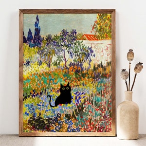 黒猫アート、ゴッホの庭の猫のプリント、コテージフラワーの黒猫のポスター、面白い猫のプリント、有名な絵画の中の猫の面白いギフトアイデア PS0515