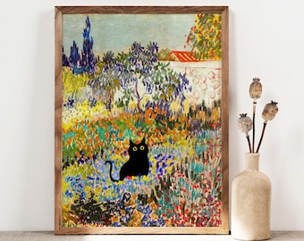 Black Cat Art, Van Gogh Garden Cat Print, Cottage Flowers Black Cat Poster, Funny Cat print, Funny gift Idea Cat In Famous Painting PS0515