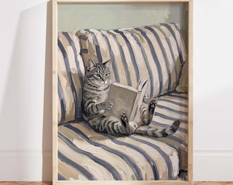 Reading cat wall art print, gray tabby book lover poster, cozy cottagecore pet decor, whimsical living room artwork
