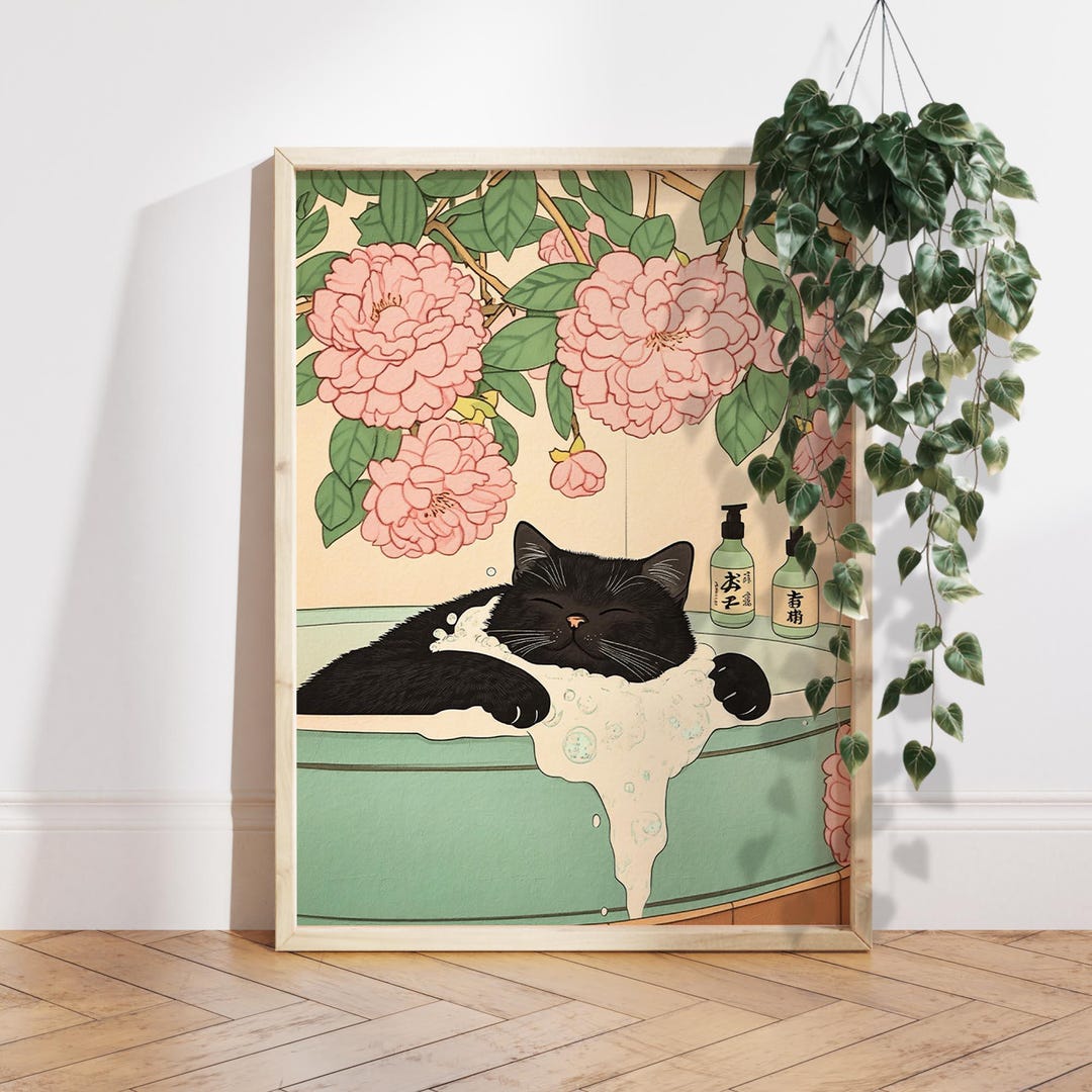 Black Cat in Bathtub Japanese Bathroom Decor, Japan Art Print ...