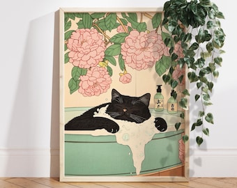 Black cat in bathtub Japanese bathroom decor, Japan art print, Aesthetic wall art, Cat and Pink Flowers poster, Unique Cat Lover Gift PS0722