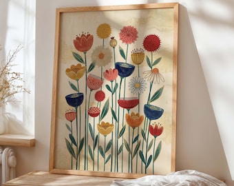Colorful Botanical Wall Art Print, Modern Floral Poster, Vibrant Flower Artwork for Living Room or Bedroom Decor