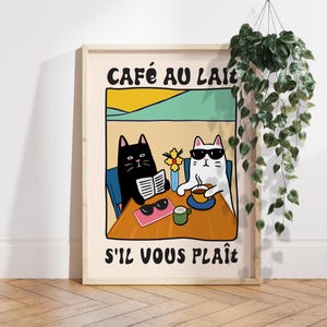 Cat Wall Art, Cafe Au lait Cat Print, Kitchen Wall Art, Retro Diner Poster, Coffee Cat Posters, Kitchen Prints Wall Decor, Gift Idea PS0557