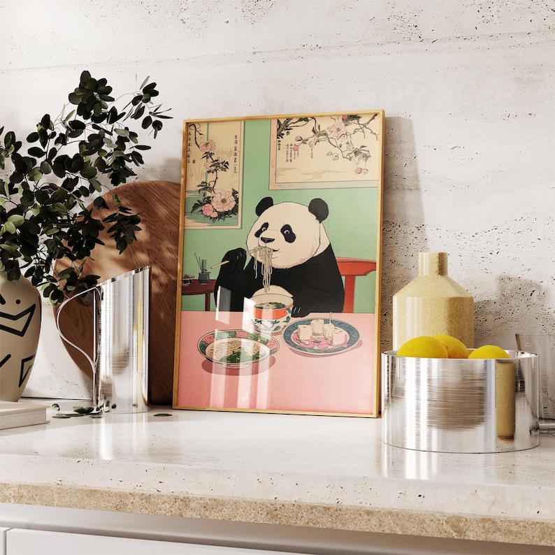 Panda Eating Noodles Japan Art Print, Japanese Wall Decor, Neutral ...