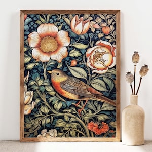 William Morris Inspired Poster, Bird and Flowers Print, Morris Art, Art Nouveau Floral Print, Botanical Vintage Art Nouveau Poster PS0393