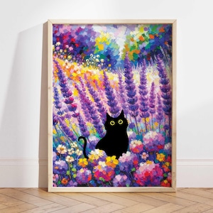 Black Cat Poster, Lavender Garden Cat Print, Garden Flowers Cat Poster, Cat Art, Funny Cat print, Funny gift Idea, Home decor Poster PS0526