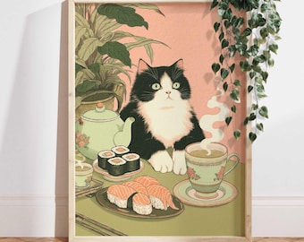 Japanese Sushi Cat Kitchen Wall Art Print, Tuxedo Cat Tea Ukiyo-e Poster, Pastel Japan Decor, Unique Cat Lover Gift PS0777
