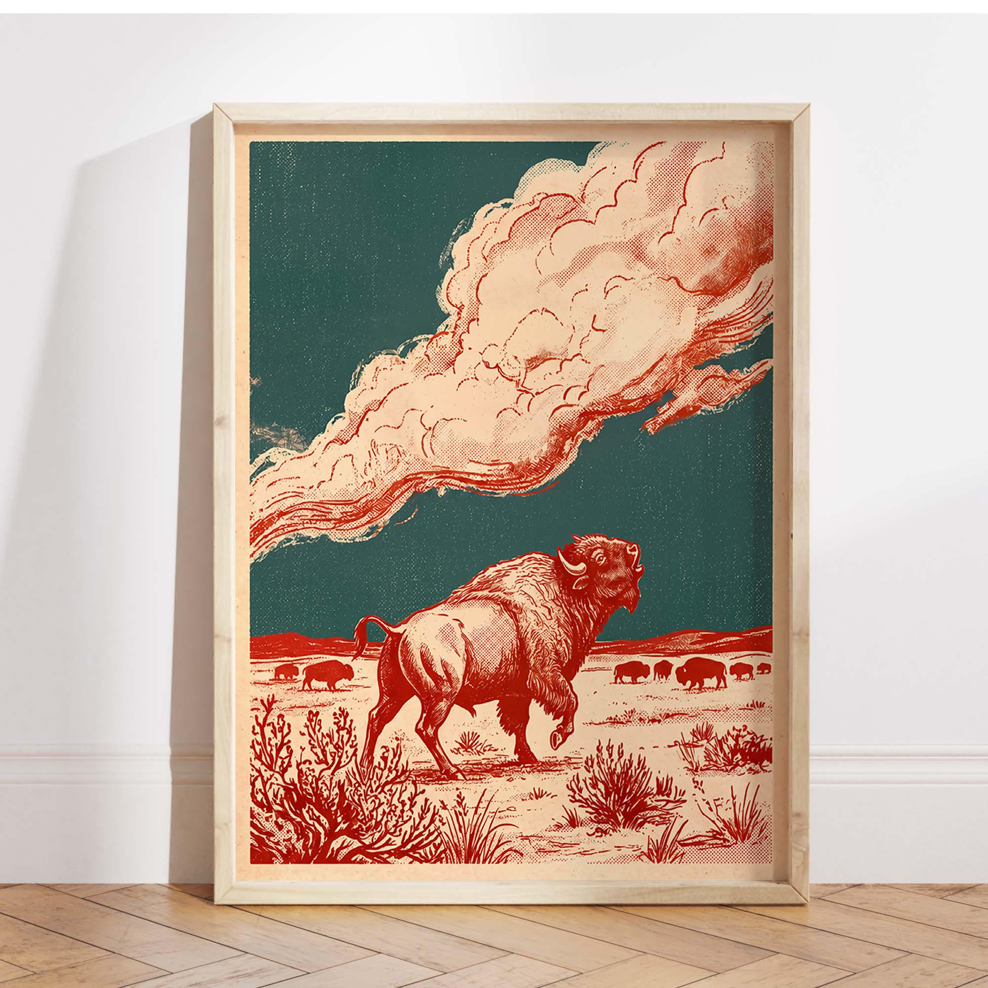 Buffalo Wall Art Print, Bison Western Poster, Vintage Prairie Landscape ...