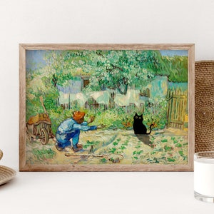 Black Cat Poster, Vincent Van Gogh Cat Print, Garden Black Cat Art, Village Funny Cat print, Funny gift, Cat wall art, Home decor PS366