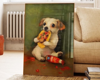 Plakat z psem i tacos, uroczy chihuahua w klasycznym stylu, dekoracja ścienna do kuchni, plakat z uroczym szczeniakiem, prezent dla miłośnika psów PS0647