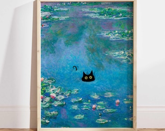 Monet Waterlily Cat Print, Claude Monet Cat Poster, Black Cat Art, Floral Print, Funny Cat print, Funny gift, Home decor Poster PS0016
