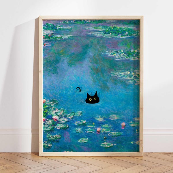 Lámina de gato nenúfar de Monet, Póster de gato de Claude Monet, Arte de gato negro, Estampado floral, Lámina de gato divertida, Regalo divertido, Póster para decoración del hogar