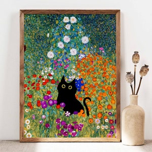 Stampa del gatto da giardino di Gustav Klimt, poster del gatto con fiori di Klimt, arte del gatto nero, stampa floreale, stampa di un gatto divertente, regalo divertente, poster di arredamento per la casa PS0501