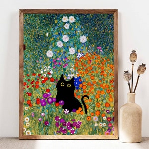 Gustav Klimt Gartenkatzendruck, Klimt Blumen Katze Poster, schwarze Katze Kunst, Blumendruck, lustiges Katzendruck, lustiges Geschenk, Wohnkultur Poster PS0501